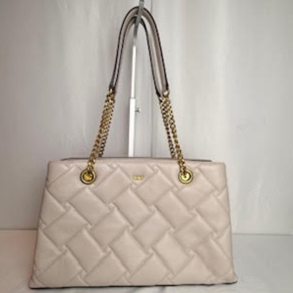DKNY Quilted Shoulder Tote Bag Beige Gold Chain